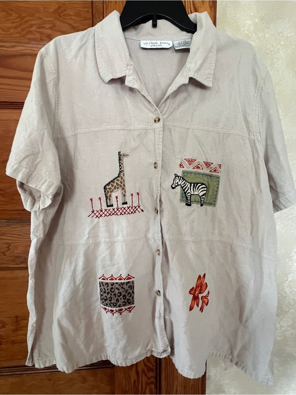 Vintage Women’s Animal Safari Button Down Shirt Embroidered Patchwork Size 2XL